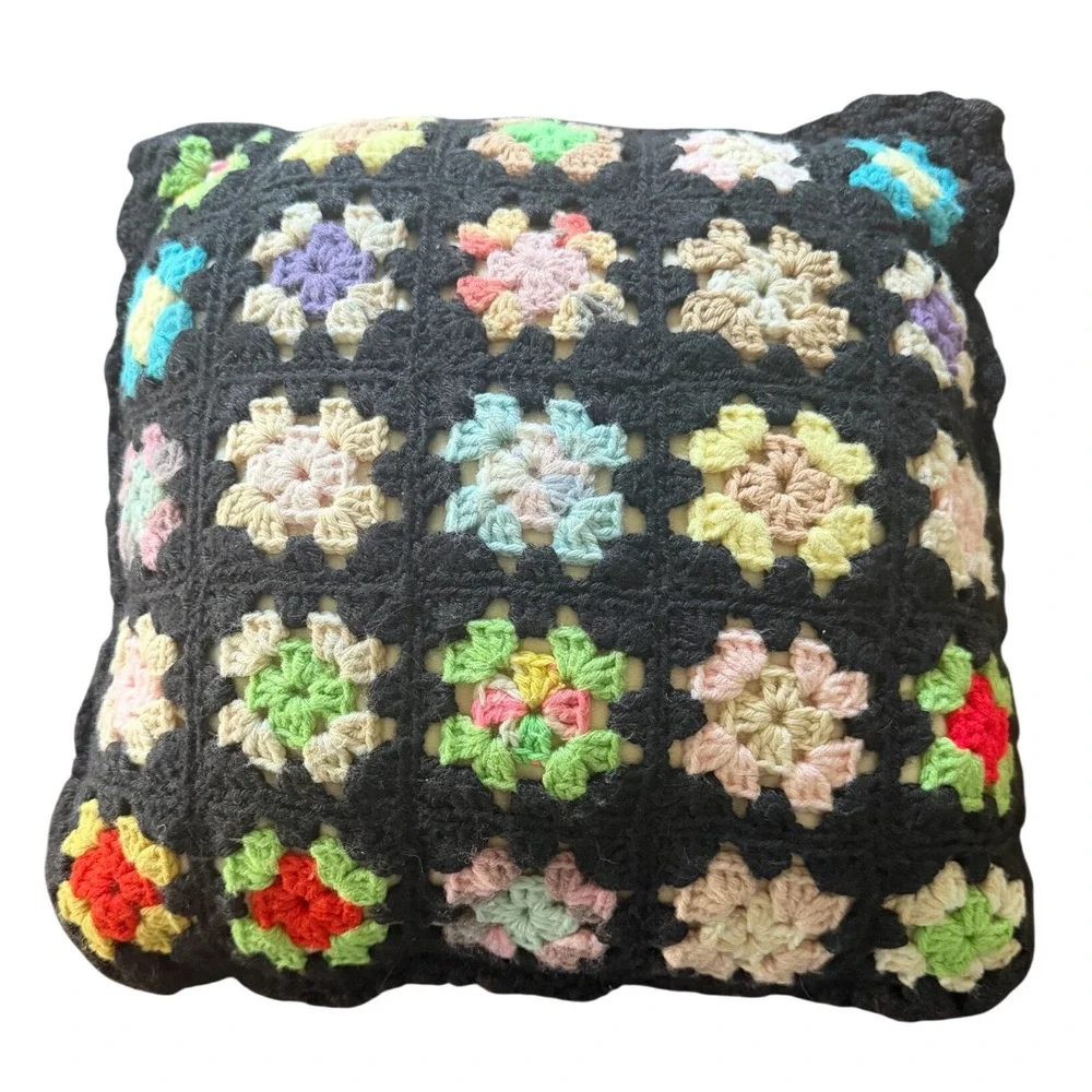 Handmade Crochet Granny Square Throw Pillow Black Multi Color Retro‎ Boho 13x13